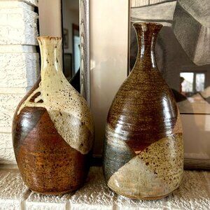 Vintage pottery vase’s mid century modern handmade unsigned set 2x